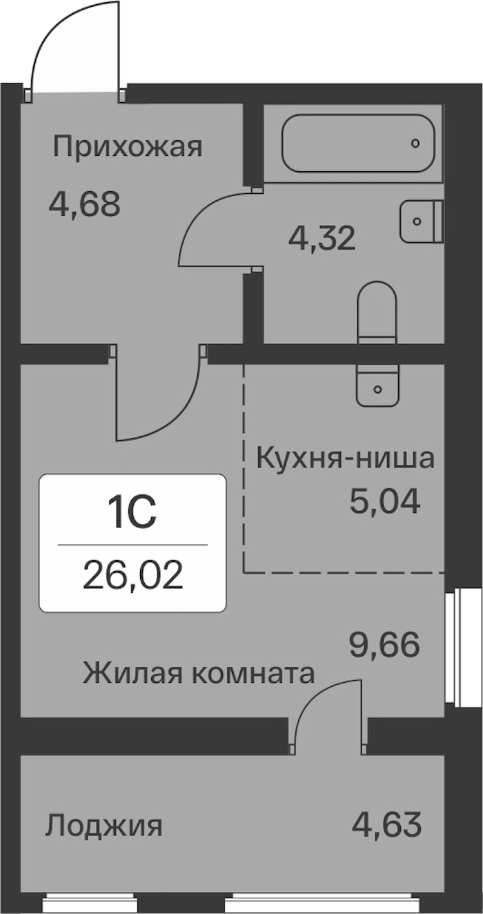 Квартира студия 26.02 м², 9/9 эт., ЖК «Расцветай в Янино»